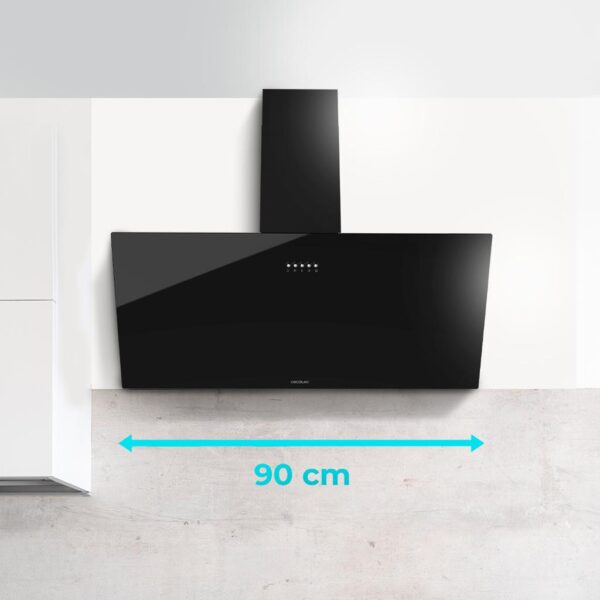 Imagen 5 Campana decorativa Cecotec Bolero Flux DM 906500 de 90 cm. Succión de 650 m3/h, motor de 165W, eficiencia energética A y elegante acabado en cristal negro.