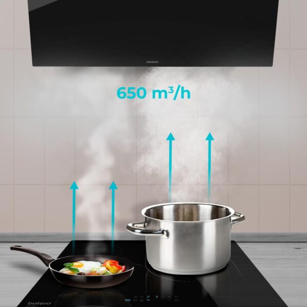 Imagen 7 Campana decorativa Cecotec Bolero Flux DM 906500 de 90 cm. Succión de 650 m3/h, motor de 165W, eficiencia energética A y elegante acabado en cristal negro.