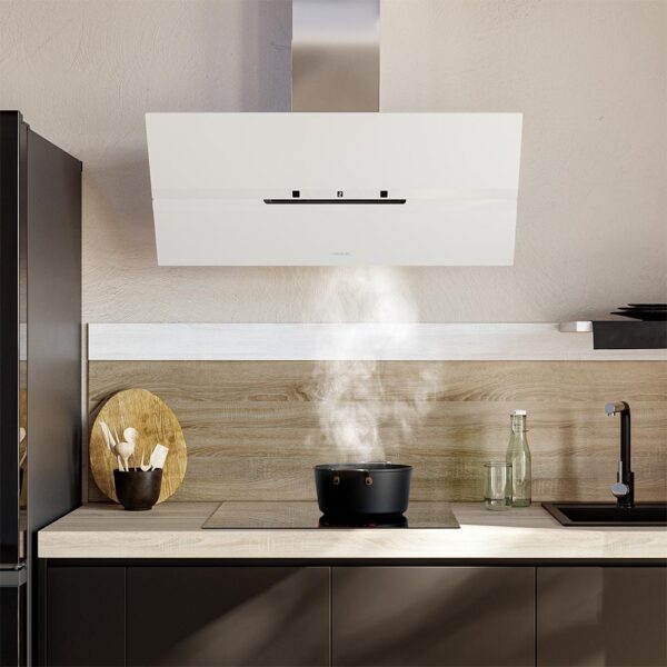 Imagen 6 Campana decorativa Cecotec Bolero Flux DT 908010 de 90 cm, eficiencia A++, succión de 800 m3/h y control gestual. Diseño elegante en vidrio blanco mate y acero.