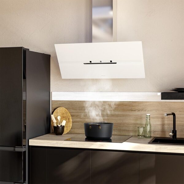 Imagen 8 Campana decorativa Cecotec Bolero Flux DT 908010 de 90 cm, eficiencia A++, succión de 800 m3/h y control gestual. Diseño elegante en vidrio blanco mate y acero.