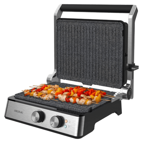 Imagen 2 Parrilla eléctrica Rock'nGrill Blaze de 2400 W con placas extraíbles RockStone, apertura 180º y control de temperatura y tiempo para un cocinado preciso.