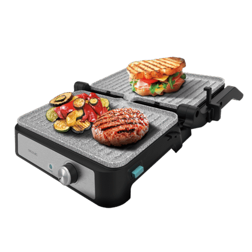 Imagen 2 Parrilla eléctrica de 1500 W con revestimiento RockStone antiadherente. Placas extraíbles aptas para lavavajillas y apertura de 180º para mayor versatilidad.