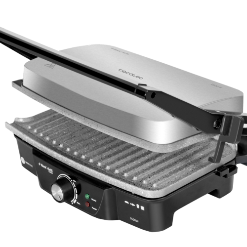 Imagen 2 Parrilla eléctrica de 1500 W con revestimiento RockStone antiadherente. Apertura de 180º, placa superior flotante y cajetín recogegrasas para cocina limpia.