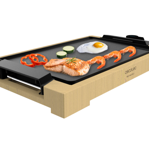 Imagen 2 Plancha asar eléctrica de 2000 W con estructura de bambú y placa antiadherente. Termostato regulable, cocina saludable y placa apta para lavavajillas.