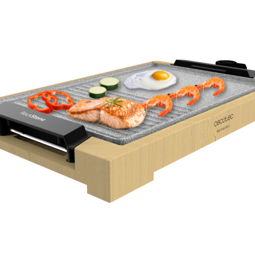 Imagen 2 Plancha de asar de 2000 W con estructura de bambú, superficie mixta grill y plancha, revestimiento RockStone antiadherente y termostato regulable.
