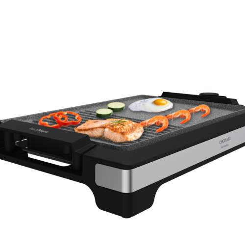 Imagen 2 Plancha eléctrica de 2000 W con acabados inox y superficie mixta. Revestimiento RockStone antiadherente y termostato regulable para una cocina precisa.