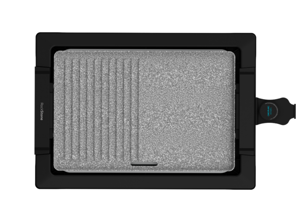 Imagen 3 Plancha eléctrica de 2000 W con acabados inox y superficie mixta. Revestimiento RockStone antiadherente y termostato regulable para una cocina precisa.
