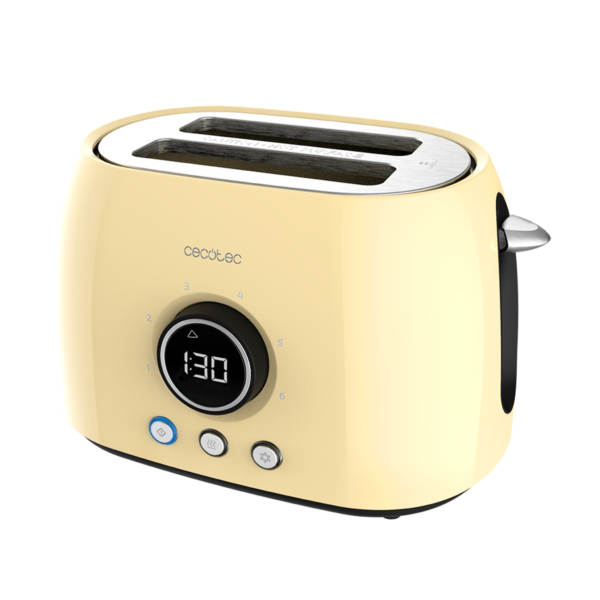 Imagen 2 Tostadora digital retro amarilla de 800 W con 2 ranuras extraanchas. Cuenta con pantalla LCD, cuenta atrás, 3 funciones y soporte superior para panecillos.
