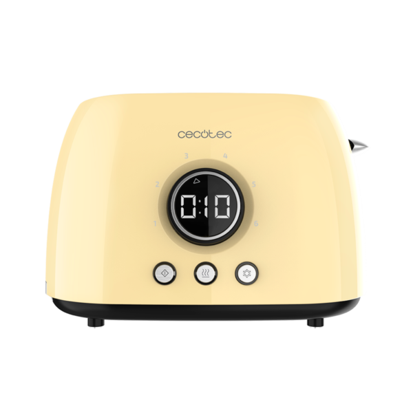 Imagen 3 Tostadora digital retro amarilla de 800 W con 2 ranuras extraanchas. Cuenta con pantalla LCD, cuenta atrás, 3 funciones y soporte superior para panecillos.