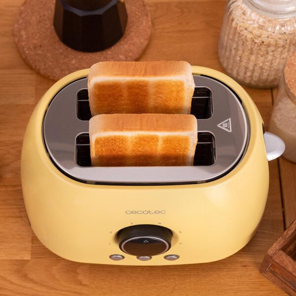 Imagen 7 Tostadora digital retro amarilla de 800 W con 2 ranuras extraanchas. Cuenta con pantalla LCD, cuenta atrás, 3 funciones y soporte superior para panecillos.