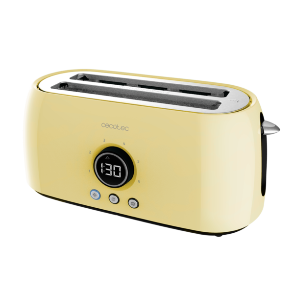 3110-Imagen-2 Imagen 2 Tostadora digital amarilla de 1500 W con 2 ranuras largas para 4 tostadas. Diseño retro, pantalla con cuenta atrás y varillas calientabollos. 3 funciones.