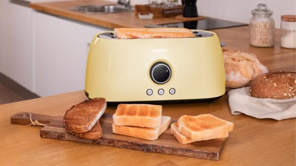 3110-Imagen-6 Imagen 6 Tostadora digital amarilla de 1500 W con 2 ranuras largas para 4 tostadas. Diseño retro, pantalla con cuenta atrás y varillas calientabollos. 3 funciones.