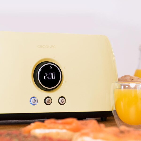 3110-Imagen-8 Imagen 8 Tostadora digital amarilla de 1500 W con 2 ranuras largas para 4 tostadas. Diseño retro, pantalla con cuenta atrás y varillas calientabollos. 3 funciones.