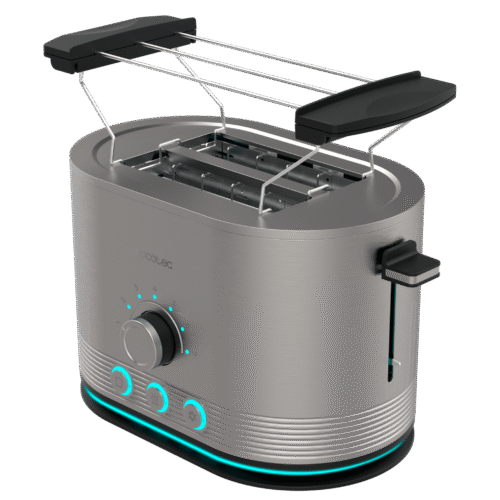 3285-Imagen-2 Imagen 2 Tostadora de doble ranura con 850 W y acabado en acero inoxidable. Cuenta con ranuras extraanchas de 3,8 cm, varillas superiores y sistema de autocentrado.