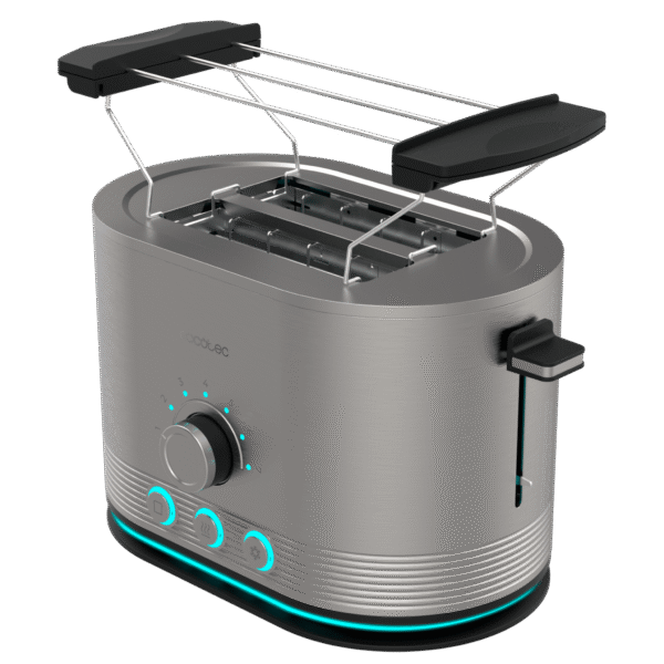 Imagen 2 Tostadora de doble ranura con 850 W y acabado en acero inoxidable. Cuenta con ranuras extraanchas de 3,8 cm, varillas superiores y sistema de autocentrado.