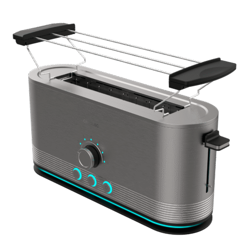 3286-Imagen-2 Imagen 2 Tostadora de acero inoxidable de 1050 W con 2 ranuras anchas de 3,8 cm. Incluye soporte para panecillos, anillo luminoso y sistema de autocentrado.