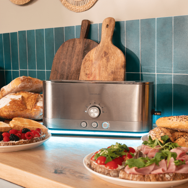 3286-Imagen-8 Imagen 8 Tostadora de acero inoxidable de 1050 W con 2 ranuras anchas de 3,8 cm. Incluye soporte para panecillos, anillo luminoso y sistema de autocentrado.
