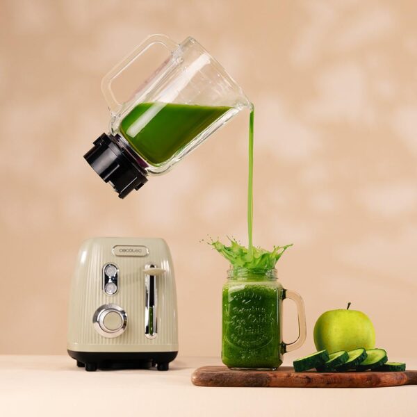 Imagen 5 Batidora de vaso Power Black Titanium RetroGreen de 1200W con jarra de cristal de 1,5L y cuchillas de titanio negro para batidos y mezclas perfectas.