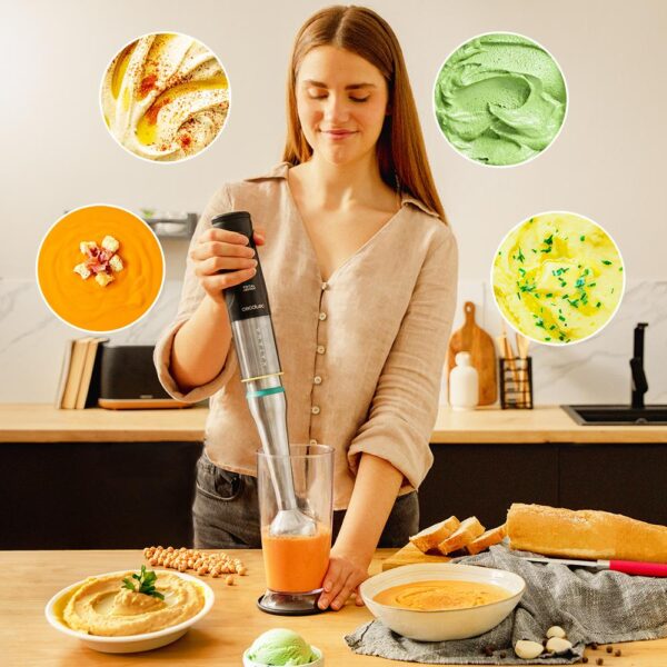 Imagen 5 Batidora de mano Cecotec Katana 12 Jar G de 1200 W con tecnología Perreo Move, pie XL, 21 velocidades y vaso medidor. Potencia y precisión para tus recetas.