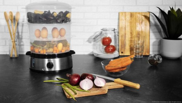 Imagen 4 Vaporera eléctrica Vapovita 3000 Inox de 800 W con 3 recipientes independientes y cuerpo de acero inoxidable. Cocina saludable con temporizador de 60 minutos.