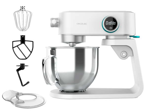 Imagen 2 Batidora amasadora Cecotec Twist&Fusion 4000 Luxury White con motor DC de 800W, cuerpo de aluminio fundido, 8 velocidades y bol de acero inoxidable de 5,2 L.