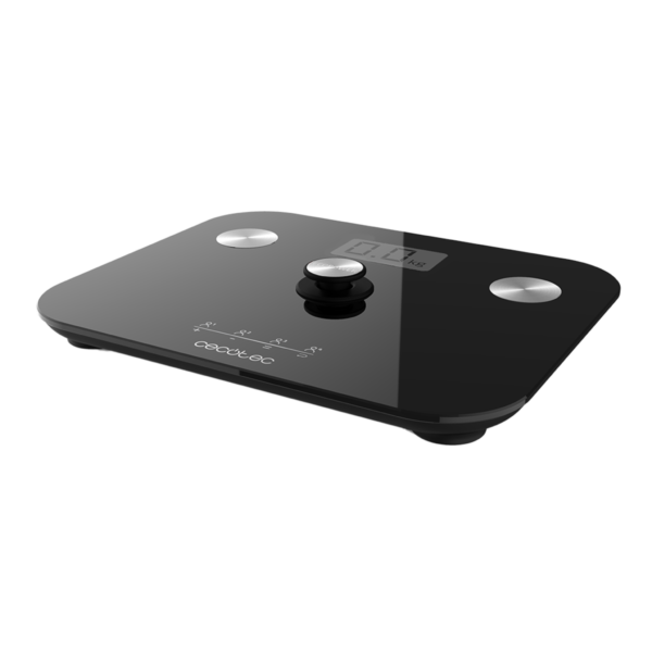 Imagen 3 Báscula de baño Cecotec EcoPower sin pilas, con función de bioimpedancia y sensores de precisión. Superficie de vidrio templado negro de alta seguridad.