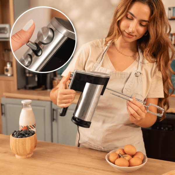 Imagen 7 Batidora de varillas PowerTwist 500 Full Steel con motor de 500 W, 5 velocidades, función Turbo y tres accesorios de acero para batir, mezclar y amasar masas.