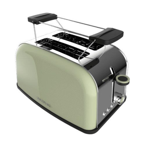 4812-Imagen-2 Imagen 2 Tostador vertical de acero verde con 850 W y doble ranura corta. Ofrece 7 niveles de tostado, funciones preconfiguradas y soporte superior para bollería.