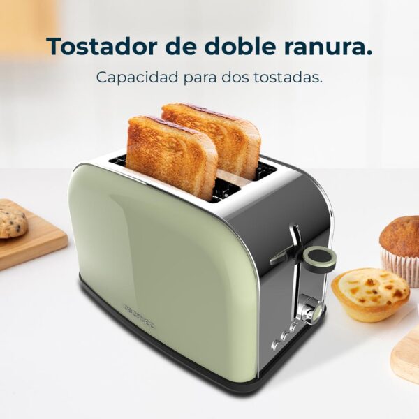 Imagen 4 Tostador vertical de acero verde con 850 W y doble ranura corta. Ofrece 7 niveles de tostado, funciones preconfiguradas y soporte superior para bollería.