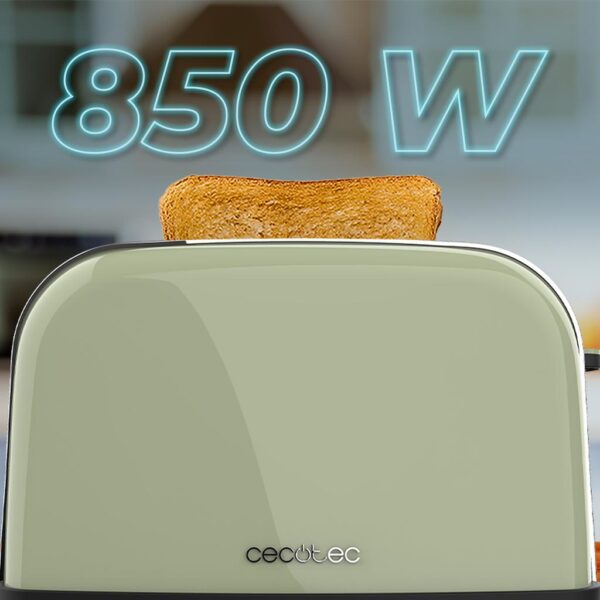 Imagen 5 Tostador vertical de acero verde con 850 W y doble ranura corta. Ofrece 7 niveles de tostado, funciones preconfiguradas y soporte superior para bollería.
