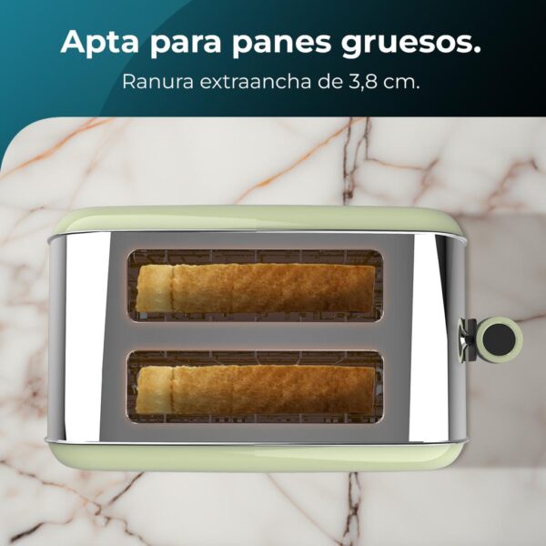 Imagen 6 Tostador vertical de acero verde con 850 W y doble ranura corta. Ofrece 7 niveles de tostado, funciones preconfiguradas y soporte superior para bollería.