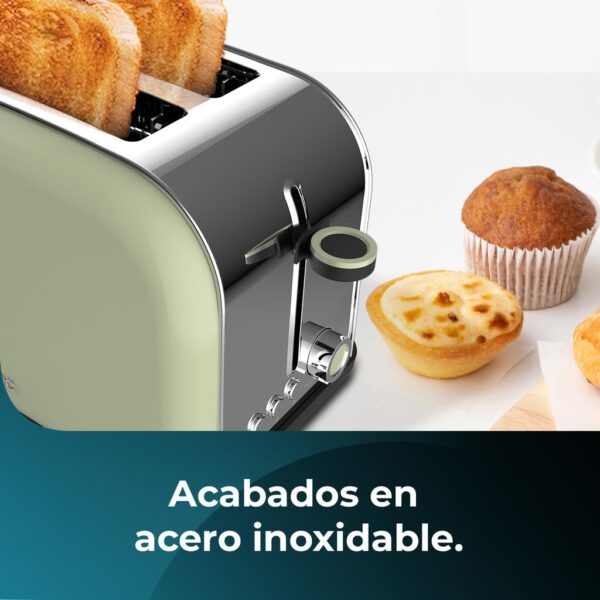 Imagen 7 Tostador vertical de acero verde con 850 W y doble ranura corta. Ofrece 7 niveles de tostado, funciones preconfiguradas y soporte superior para bollería.