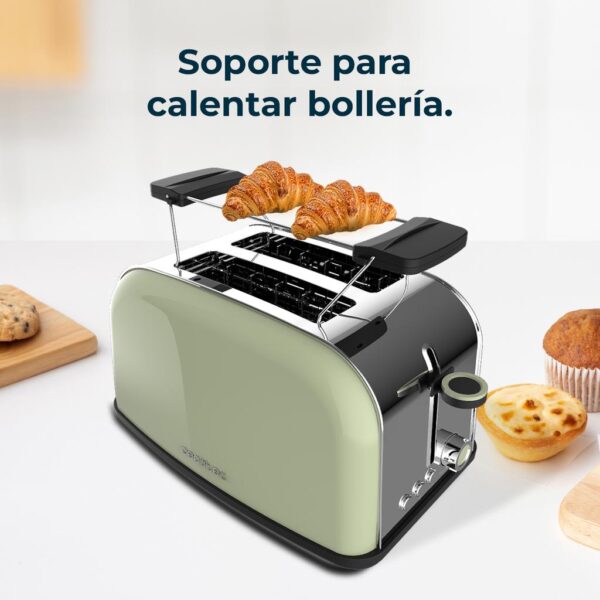 Imagen 8 Tostador vertical de acero verde con 850 W y doble ranura corta. Ofrece 7 niveles de tostado, funciones preconfiguradas y soporte superior para bollería.