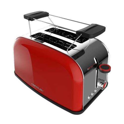 4815-Imagen-2 Imagen 2 Tostador vertical rojo de acero inoxidable con 850 W y doble ranura corta. Incluye soporte para panecillos, bandeja recogemigas y función de extraelevación.
