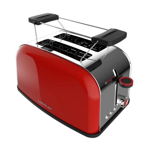 4815-Imagen-2 Imagen 2 Tostador vertical rojo de acero inoxidable con 850 W y doble ranura corta. Incluye soporte para panecillos, bandeja recogemigas y función de extraelevación.