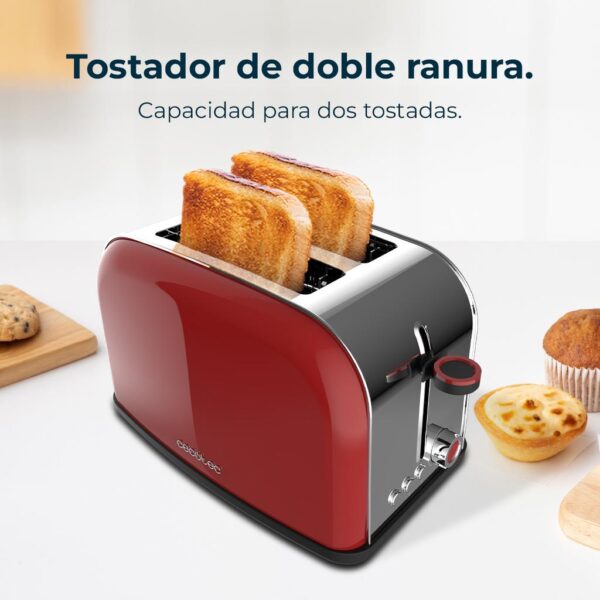 4815-Imagen-4 Imagen 4 Tostador vertical rojo de acero inoxidable con 850 W y doble ranura corta. Incluye soporte para panecillos, bandeja recogemigas y función de extraelevación.