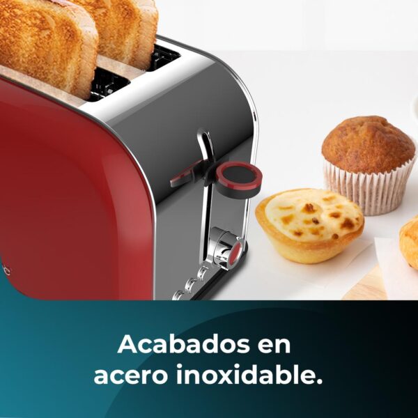 4815-Imagen-7 Imagen 7 Tostador vertical rojo de acero inoxidable con 850 W y doble ranura corta. Incluye soporte para panecillos, bandeja recogemigas y función de extraelevación.