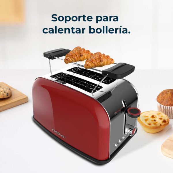 4815-Imagen-8 Imagen 8 Tostador vertical rojo de acero inoxidable con 850 W y doble ranura corta. Incluye soporte para panecillos, bandeja recogemigas y función de extraelevación.