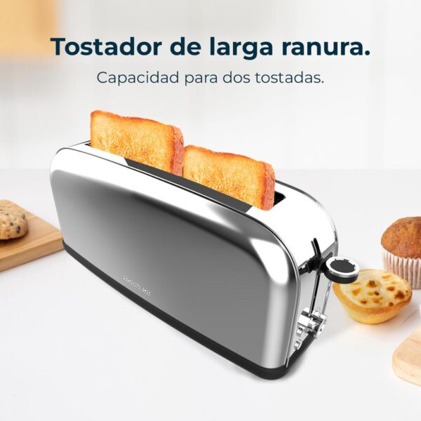 Imagen 4 Tostadora de acero inoxidable con 850 W y ranura larga para panes gruesos. Incluye soporte para panecillos, 7 niveles de tostado y bandeja recogemigas extraíble.