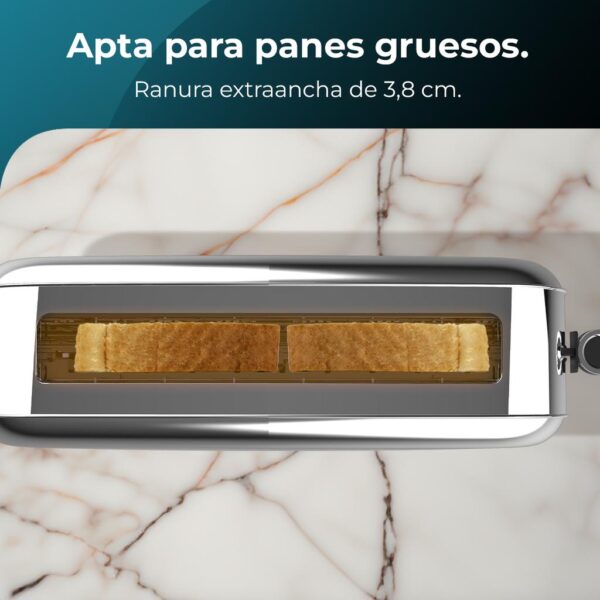 Imagen 6 Tostadora de acero inoxidable con 850 W y ranura larga para panes gruesos. Incluye soporte para panecillos, 7 niveles de tostado y bandeja recogemigas extraíble.
