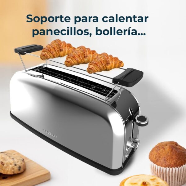 Imagen 8 Tostadora de acero inoxidable con 850 W y ranura larga para panes gruesos. Incluye soporte para panecillos, 7 niveles de tostado y bandeja recogemigas extraíble.