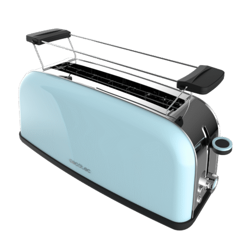 Imagen 2 Tostador vertical azul de ranura larga y 850 W. Incluye soporte para panecillos, bandeja recogemigas y 3 funciones preconfiguradas para un tostado uniforme.