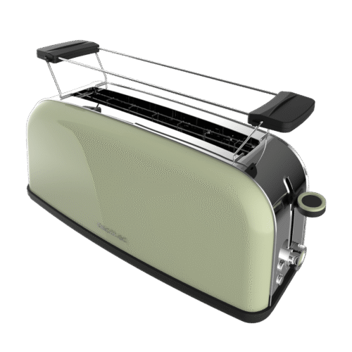 Imagen 2 Tostador vertical verde de ranura larga con 850 W y 7 niveles de tostado. Incluye soporte para panecillos, función descongelar y recalentar. Diseño elegante.