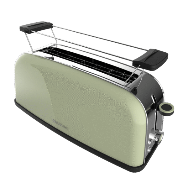 Imagen 2 Tostador vertical verde de ranura larga con 850 W y 7 niveles de tostado. Incluye soporte para panecillos, función descongelar y recalentar. Diseño elegante.