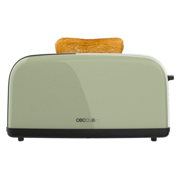 Imagen 3 Tostador vertical verde de ranura larga con 850 W y 7 niveles de tostado. Incluye soporte para panecillos, función descongelar y recalentar. Diseño elegante.