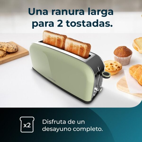 Imagen 4 Tostador vertical verde de ranura larga con 850 W y 7 niveles de tostado. Incluye soporte para panecillos, función descongelar y recalentar. Diseño elegante.