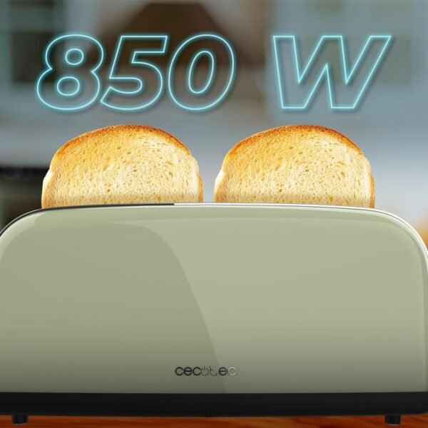 Imagen 5 Tostador vertical verde de ranura larga con 850 W y 7 niveles de tostado. Incluye soporte para panecillos, función descongelar y recalentar. Diseño elegante.