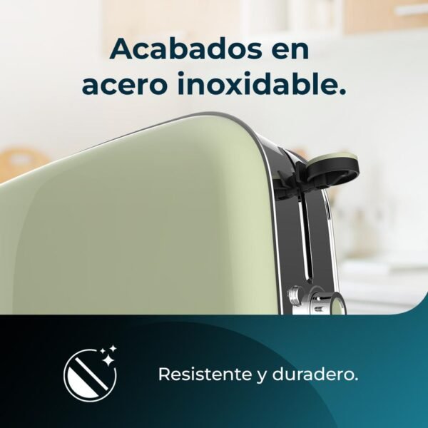 Imagen 7 Tostador vertical verde de ranura larga con 850 W y 7 niveles de tostado. Incluye soporte para panecillos, función descongelar y recalentar. Diseño elegante.