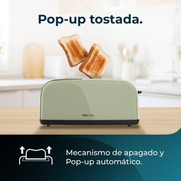 Imagen 8 Tostador vertical verde de ranura larga con 850 W y 7 niveles de tostado. Incluye soporte para panecillos, función descongelar y recalentar. Diseño elegante.