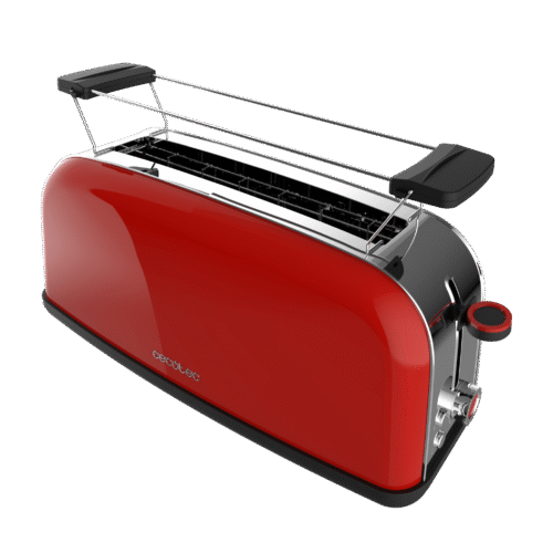 Imagen 2 Tostadora vertical roja de ranura larga con 850 W. Incluye soporte para panecillos, bandeja recogemigas y 7 niveles de potencia para un tostado a medida.